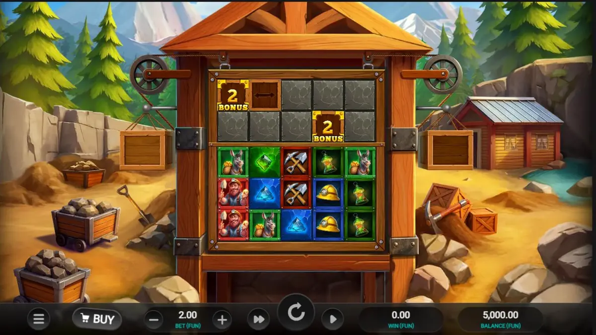 Tampilan visual slot Digger’s Dough dengan karakter penambang kartun dan grid tambang emas.